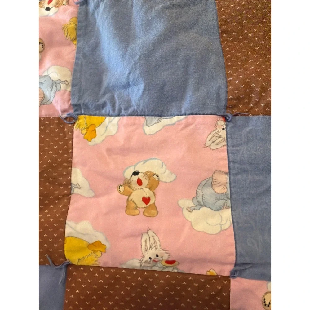 Vintage Handmade Patchwork Baby Quilt Teddy Bear Bunny Blue Pink Brown Nursery